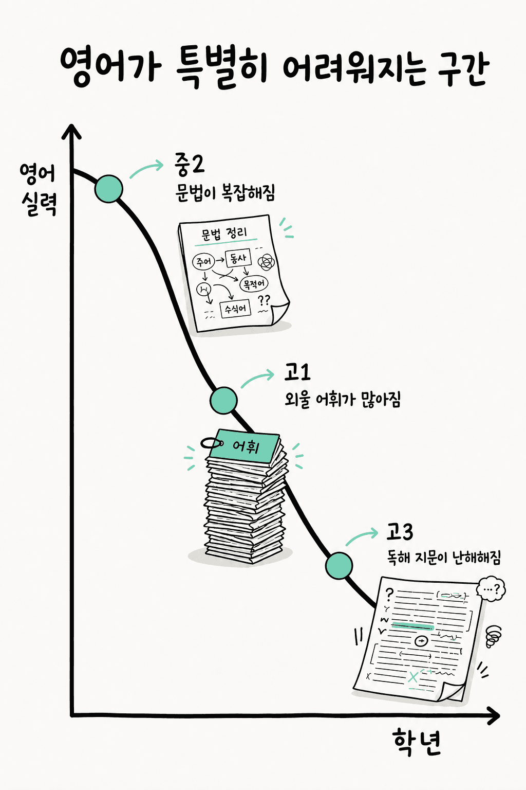 영어가 특별히 어려워지는 구간 — 학년이 올라갈수록 영어 실력 곡선이 내려간다. 중2 문법이 복잡해짐, 고1 외울 어휘가 많아짐, 고3 독해 지문이 난해해짐.